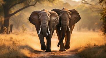 AI generated two elephants walk through an open field photo