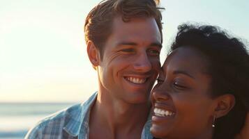 AI generated Smiling couple enjoying a peaceful beach day, sharing love and laughter photo