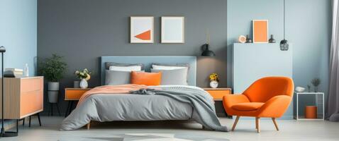 AI generated modern bedroom, colorful bed, and orange chair photo