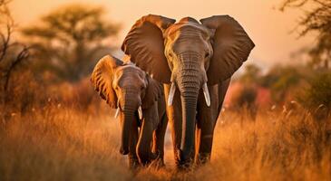 AI generated two elephants walk through an open field photo