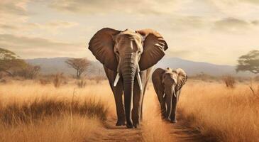 AI generated two elephants walk through an open field photo