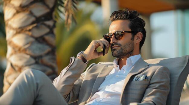 AI generated Suave executive takes a call, seamlessly merging business with outdoor sophistication photo