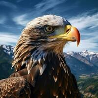 AI generated the head of an eagle is standing in front of mountains photo