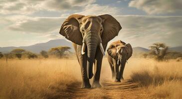 AI generated two elephants walk through an open field photo