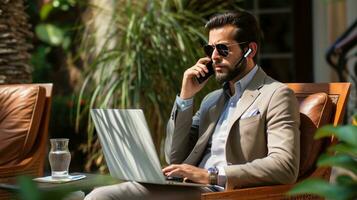 AI generated Suave executive takes a call, seamlessly merging business with outdoor sophistication photo