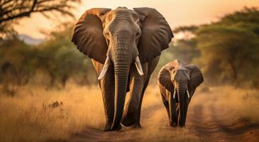 AI generated two elephants walk through an open field photo