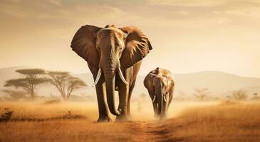 AI generated two elephants walk through an open field photo