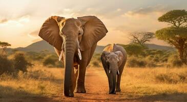 AI generated two elephants walk through an open field photo