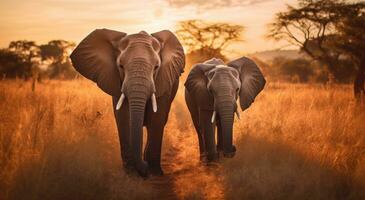 AI generated two elephants walk through an open field photo