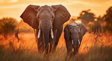 AI generated two elephants walk through an open field photo