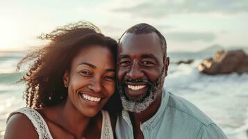 AI generated Smiling couple enjoying a peaceful beach day, sharing love and laughter photo