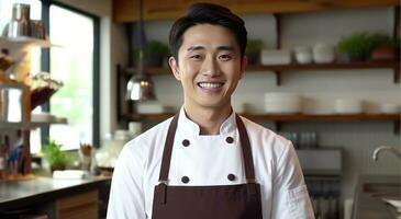 ai generado un joven asiático cocinero sonriente restaurante foto