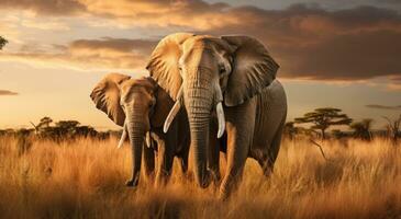AI generated two small elephants standing together in the middle of a grassy area, photo