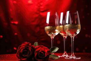 AI generated two wine glasses and a rose in front of a red background photo