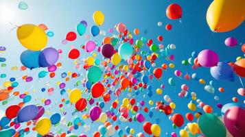 ai generado vibrante globos llenar el aire, creando un festivo y jubiloso atmósfera con Copiar espacio foto