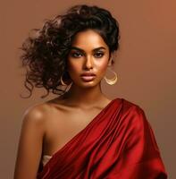 ai generado un indio niña vistiendo rojo sari foto