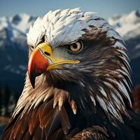 AI generated the head of an eagle is standing in front of mountains photo