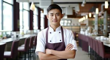 ai generado un joven asiático cocinero sonriente restaurante foto