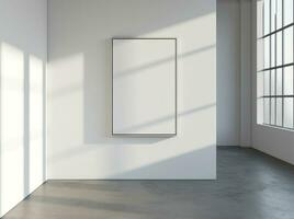 AI generated white wooden frame hanging from the wall of an empty room photo