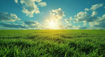 AI generated sun on green grass with clouds green background photo