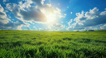 AI generated sun on green grass with clouds green background photo