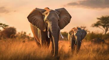 AI generated two elephants walk through an open field photo