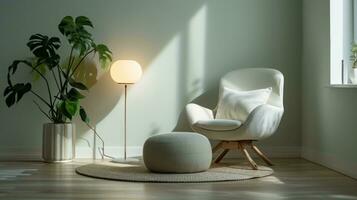 AI generated Armchair with pillow, glowing lamp, plant in pot photo