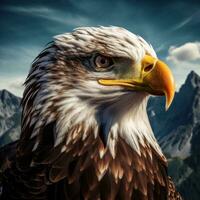 AI generated the head of an eagle is standing in front of mountains photo