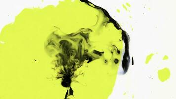 Multicolored paints pour into patterns milk. Close-up of bright colorful paint dripping on surface of white liquid. Beautiful abstract streaks of flowing colors of yellow and black photo