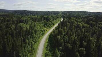 Aerial view of white car driving on country road in forest. Aerial view flying over old patched two lane forest road with car moving green trees of dense woods growing both sides. Car driving along photo