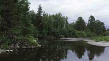 Picturesque calm forest river surrounded by green pine trees on grey cloudy sky background. Stock footage. Coniferous forest and stony shore near the river. photo