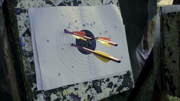 Close up of archery target on green wooden boards background. Clip. Target, bow and quiver with arrows on a green lawn for training in shooting photo