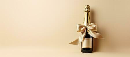 AI generated Generative AI, Beige champagne bottle mockup with bow on beige background photo