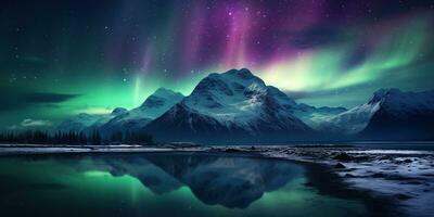 ai generado generativo ai, verde y rosado del Norte luces encima Nevado montañas, invierno paisaje, Aurora y reflexión en el agua superficie foto