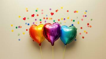 AI generated Generative AI, Foil LGBT rainbow flag colors balloons in heart shape and confetti for Valentine's day or wedding with copy space photo