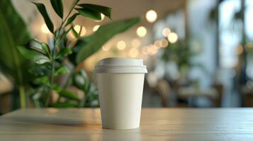 AI generated Generative AI, White paper cup on the table in the coffee shop interior, mug mock up blank. photo