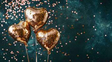 AI generated Generative AI, Foil golden balloons in heart shape and confetti for Valentine's day or wedding with copy space photo