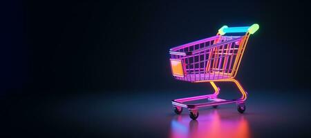 AI generated Generative AI, neon shopping cart on dark background, 80s and 90s style, minimalistic shop online, free delivery, discounts and sale concept. photo