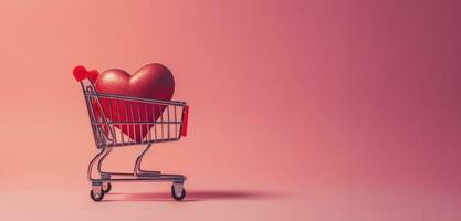 AI generated Generative AI, shopping cart with big heart inside, Valentine day concept, discount and sale. photo