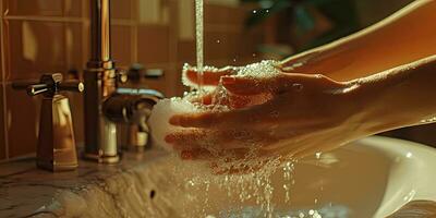 AI generated Generative AI, person washing hands with soap and water at sink, hygiene concept photo