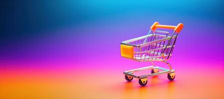 AI generated Generative AI, shopping cart on neon gradient background, 80s and 90s style, minimalistic shop online, free delivery, discounts and sale concept. photo