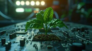 AI generated Generative AI, Plant growing from the circuit board. Ecology and environment concept photo