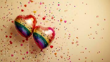 AI generated Generative AI, Foil LGBT rainbow flag colors balloons in heart shape and confetti for Valentine's day or wedding with copy space photo