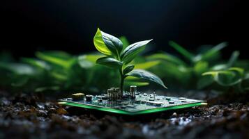 AI generated Generative AI, Plant growing from the circuit board. Ecology and environment concept photo