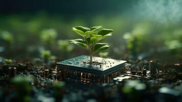 AI generated Generative AI, Plant growing from the circuit board. Ecology and environment concept photo