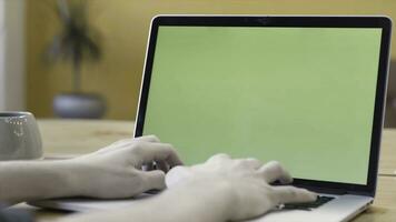 un hombre es trabajando a hogar y utilizando ordenador portátil con verde pantalla, comunicación y negocio concepto. valores imágenes. hombre mecanografía en su computadora con croma llave. foto