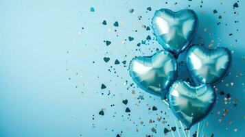 AI generated Generative AI, Foil blue balloons in heart shape and confetti for Valentine's day or wedding with copy space photo