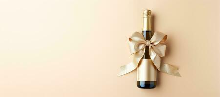 AI generated Generative AI, Beige champagne bottle mockup with bow on beige background photo