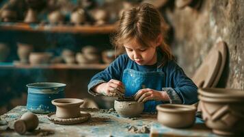 AI generated Generative AI, kid hands with clay making of a ceramic pot in the pottery workshop studio, hobby and leisure concept photo