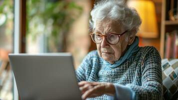 AI generated Generative AI, Senior man working with a laptop computer at the table, wearing glasses, learning to use a computer photo